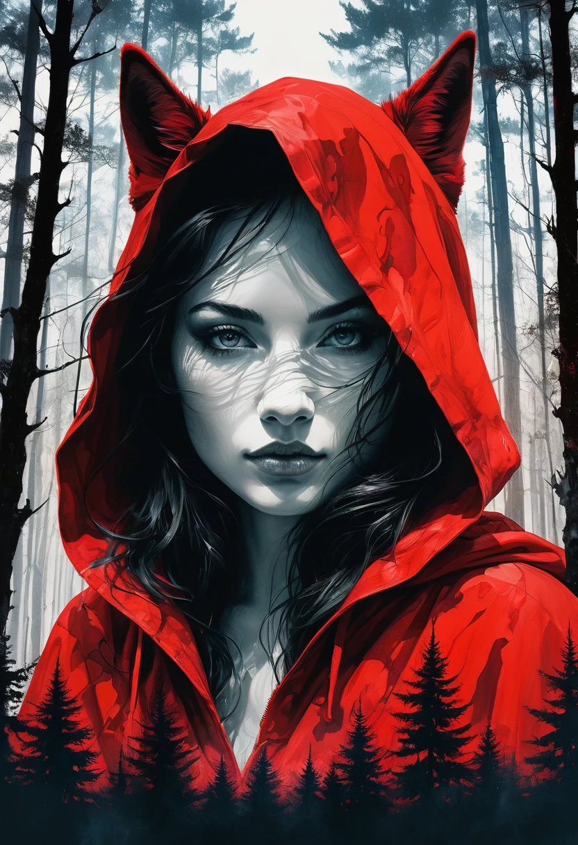 (Double exposure:1.3) effect of Little Red Riding Hood and the Wolf silhouette, superimposed against dark forest sky by Conrad Roset, Brandon Kidwell, Andreas Lie, Dan Mountford, Agnes Cecile, Jeremy Mann, oil and ink canvas, fine art, super dramatic light, photoillustration, amazing depth, hyperdetailed, iridescent red, redundant dreams, intricate detailed, amazing depth, stunning atmosphere, mesmerizing whimsical vibrant scenery, maximalism (Beautiful Outside, Ugly Inside, Stress and Pain, Beauty and Despair, Hard and Soft, Positive and Negative, Hot and Cold, Sweet and Sour, Vibrant and Dull, Perfect Harmony, Light and Dark, Hot and Cold, Old and Young, Fire and Ice, Yin and Yang, Opposites, Black and white, Hot and Cold, Organic and Mechanical, Corresponding colors, Loud and Quiet, Chaos and Peace,  Night and Day:1.2) complex masterwork by head of prompt engineering 