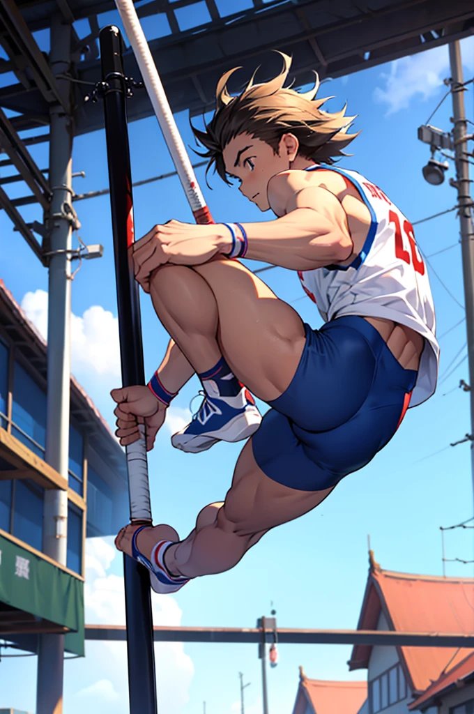 Pole vaulter、The moment he jumps over the pole。The camera angle is drawn from behind, from the feet to the head.。