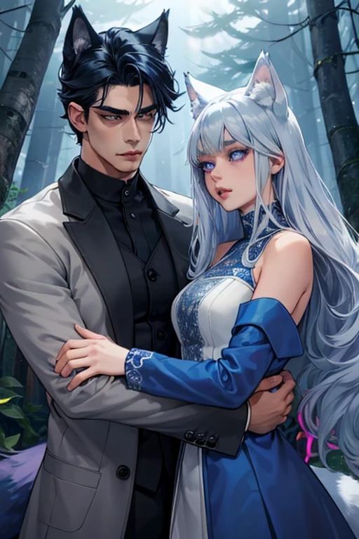 One man. One woman. Perfect face. Perfect hands. Perfect blue wolf ears. Perfect blue wolf tail. A handsome black haired man with blue wolf ears and a blue tail in a long coat is hugging a young silver haired woman with violet eyes and silver cat eyes and silver cat ears in the creepy forest