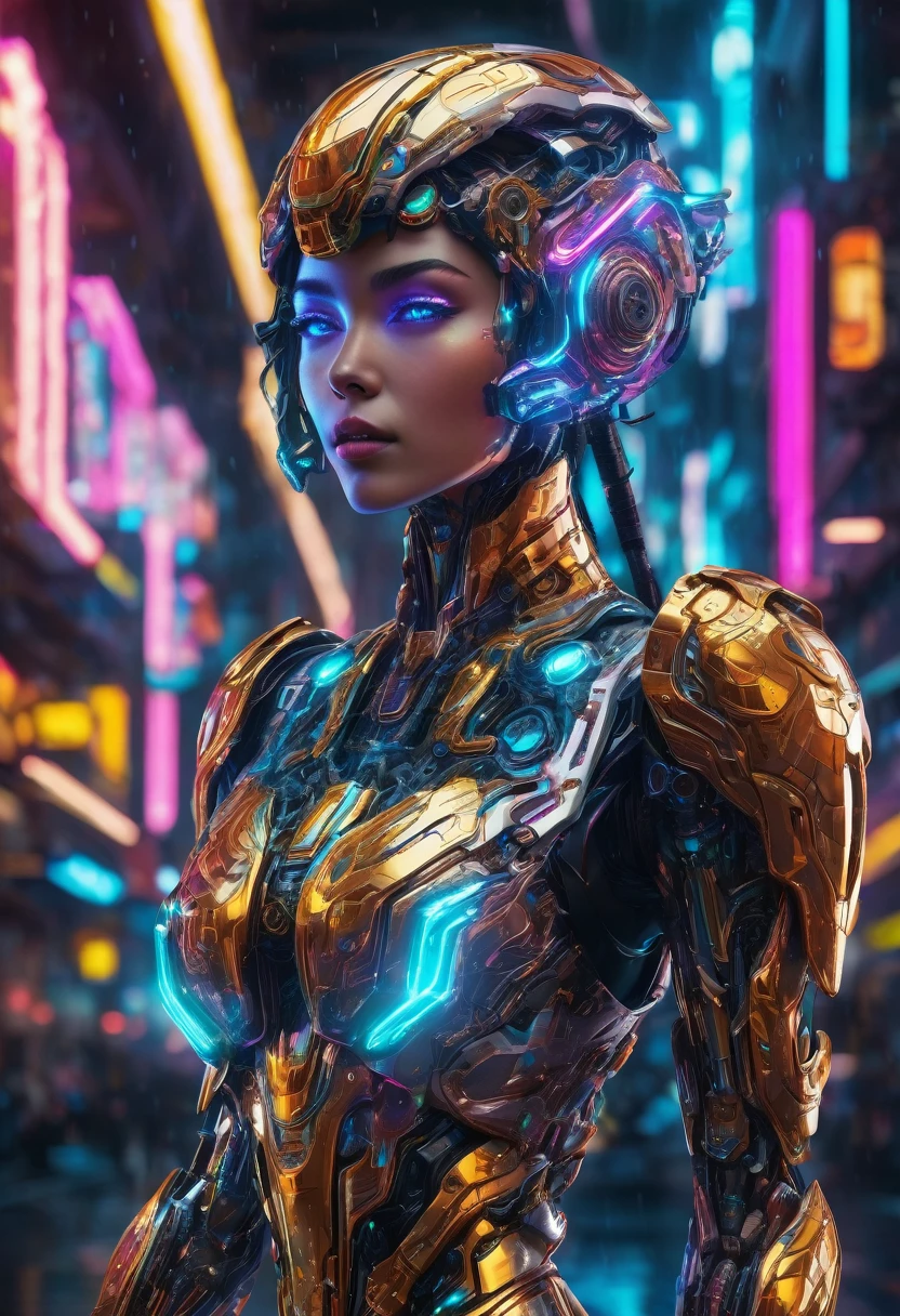 a highly advanced, futuristic robotic goddess, intricate mechanical body, glowing neon details, luminous cyberpunk aesthetic, dramatic pose, iridescent metallic skin, complex mechanisms, surreal technological features, elegant and powerful, photorealistic, 8k, hyper detailed, cinematic lighting, vibrant color palette, digital art, concept art style