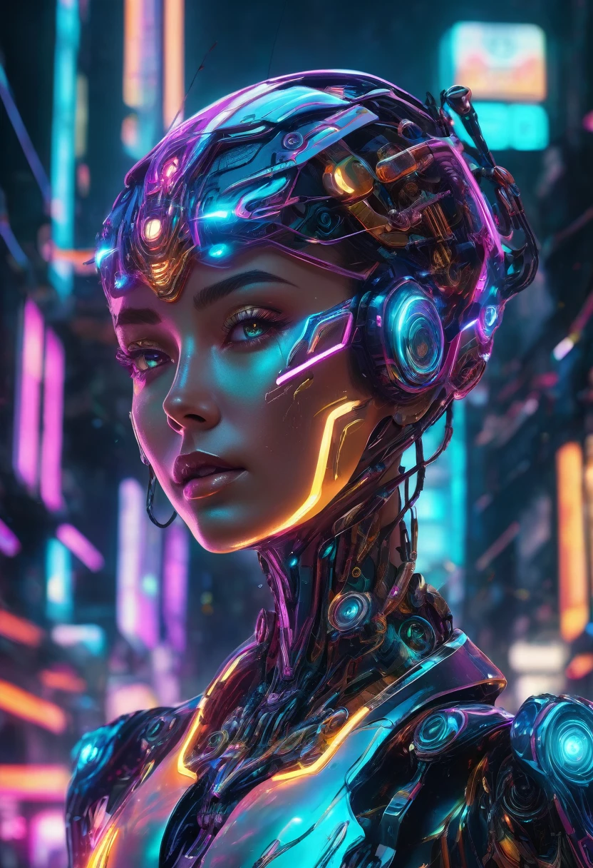 a highly advanced, futuristic robotic goddess, intricate mechanical body, glowing neon details, luminous cyberpunk aesthetic, dramatic pose, iridescent metallic skin, complex mechanisms, surreal technological features, elegant and powerful, photorealistic, 8k, hyper detailed, cinematic lighting, vibrant color palette, digital art, concept art style