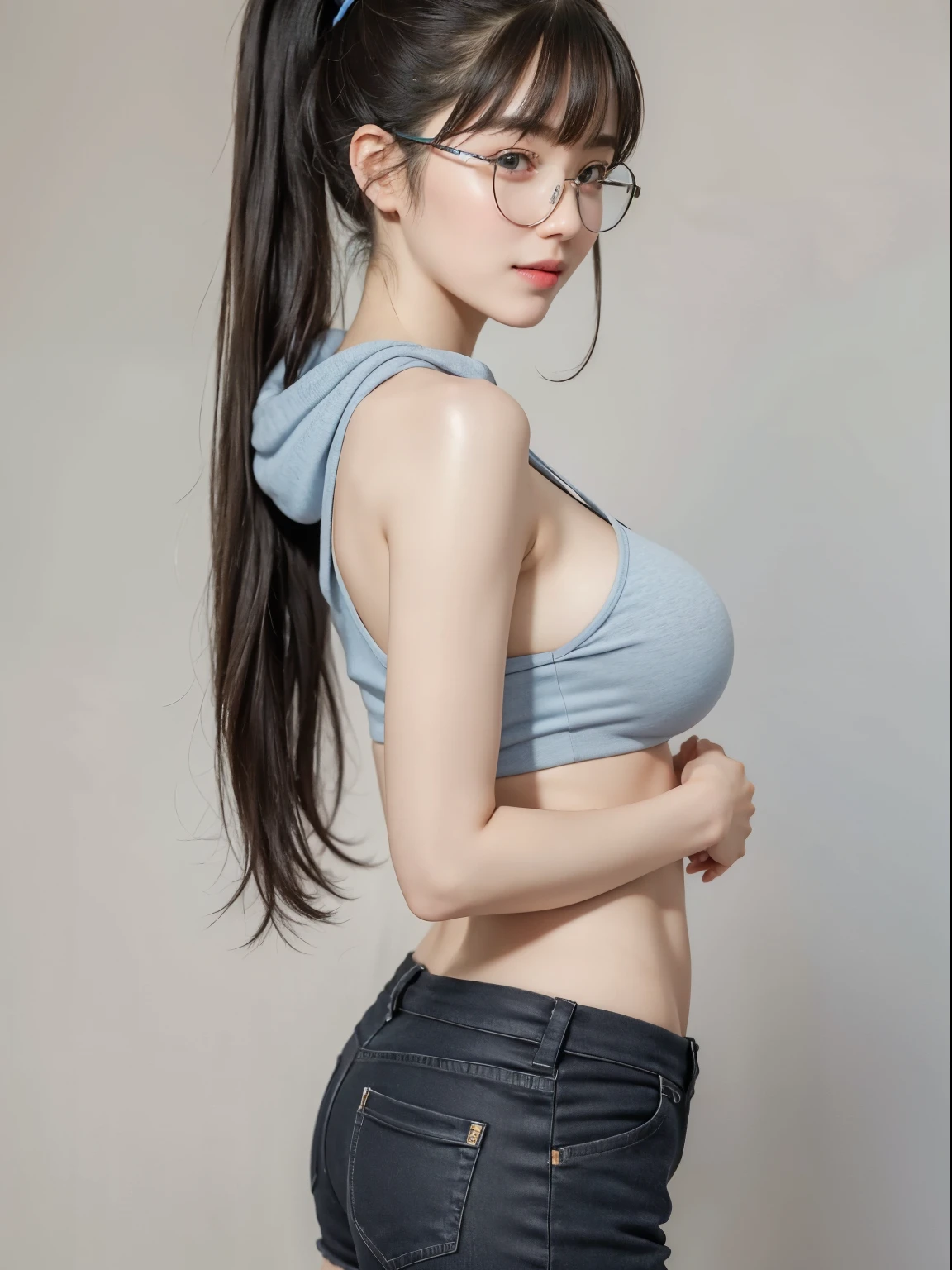 (Best quality, masterpiece, detailed), (RAW, 4k, hd images), shy, 1 girl, , white skin, long hair, ponytail, layers hair, bangs, black hair, beautiful girl, cute girl, sweet girl, pretty girl, perfect girl, pretty eyes, blue eyes, thin lips, thin, eye line, big breast, glasses(detailed frame), simple background, smile, thigh, legs, hoodie, short pants, standing, back side angle capture, half body, side breast, huge breast, large breast