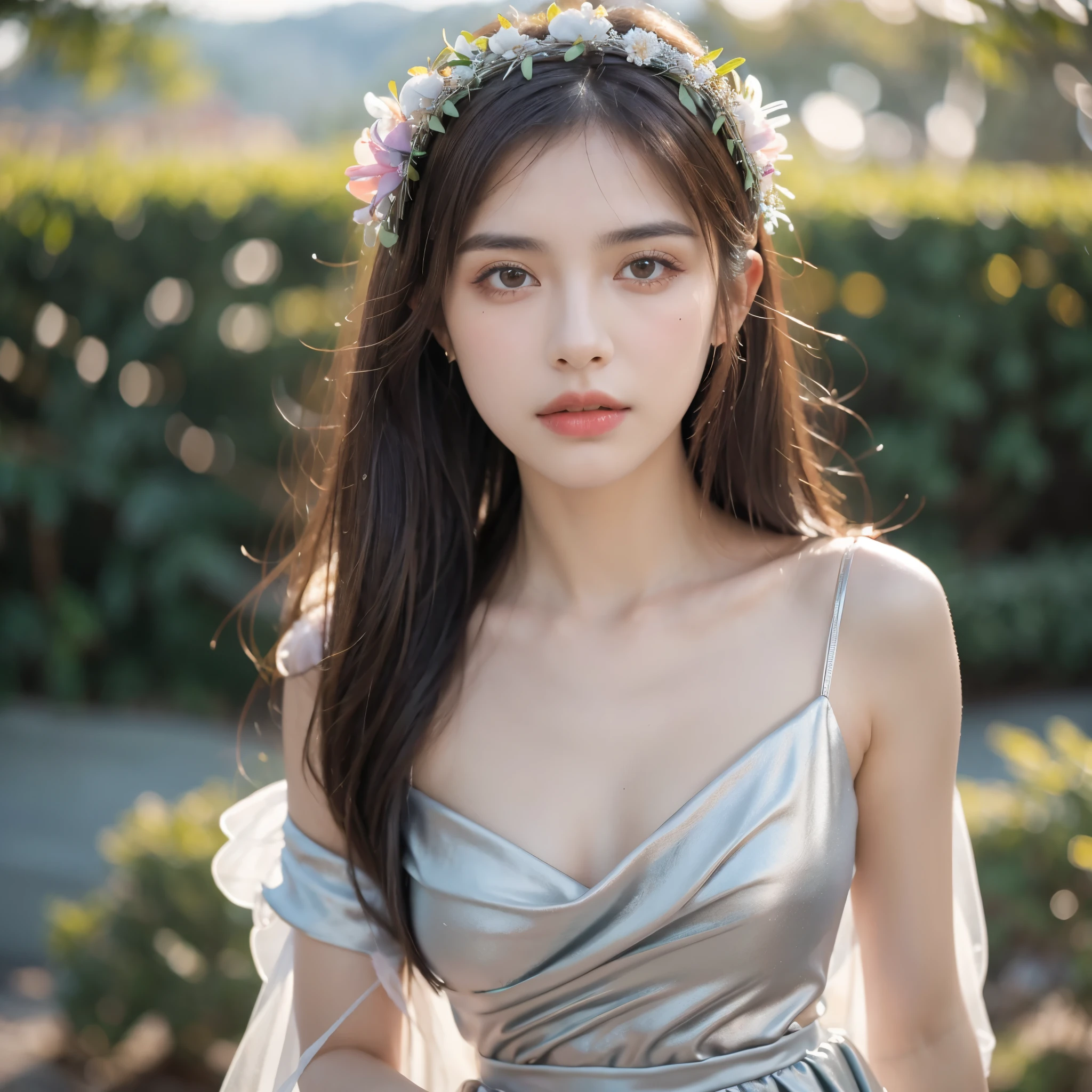 Obra maestra, La mejor calidad, ultra-high resolution, Foto de alto detalle, Unidad 8K Fondo de pantalla, CG extremadamente detallado:1.2), depth of field, bokeh, (Foto RAW:1), (realistic photography:1.4), (1girl:1.5), joven, physically based representation, beautiful, (Cara finamente detallada:1.4, Ropa detallada), (Detallado:1.4) named (Eimi Fukada:1.1) BREAK Cara hermosa, Profundidad de campo, Agregar capa, hiperrealista, 27 years old, Modelo de cuerpo perfecto, senos perfectos, 175cm de altura, pose , full body, cuerpo completo, Tipo de cuerpo del modelo, BREAK (extreme skin details:1.1), skin details, (Silver dress, soft feather skirt, flower crown:1.4), doble parpado BREAK Stting, starry sky background, quiet and mysterious expression, Nikon Z7 II camera, Fuji Velvia 50 film, 50mm lens, high saturation, (close up shot:1.3)