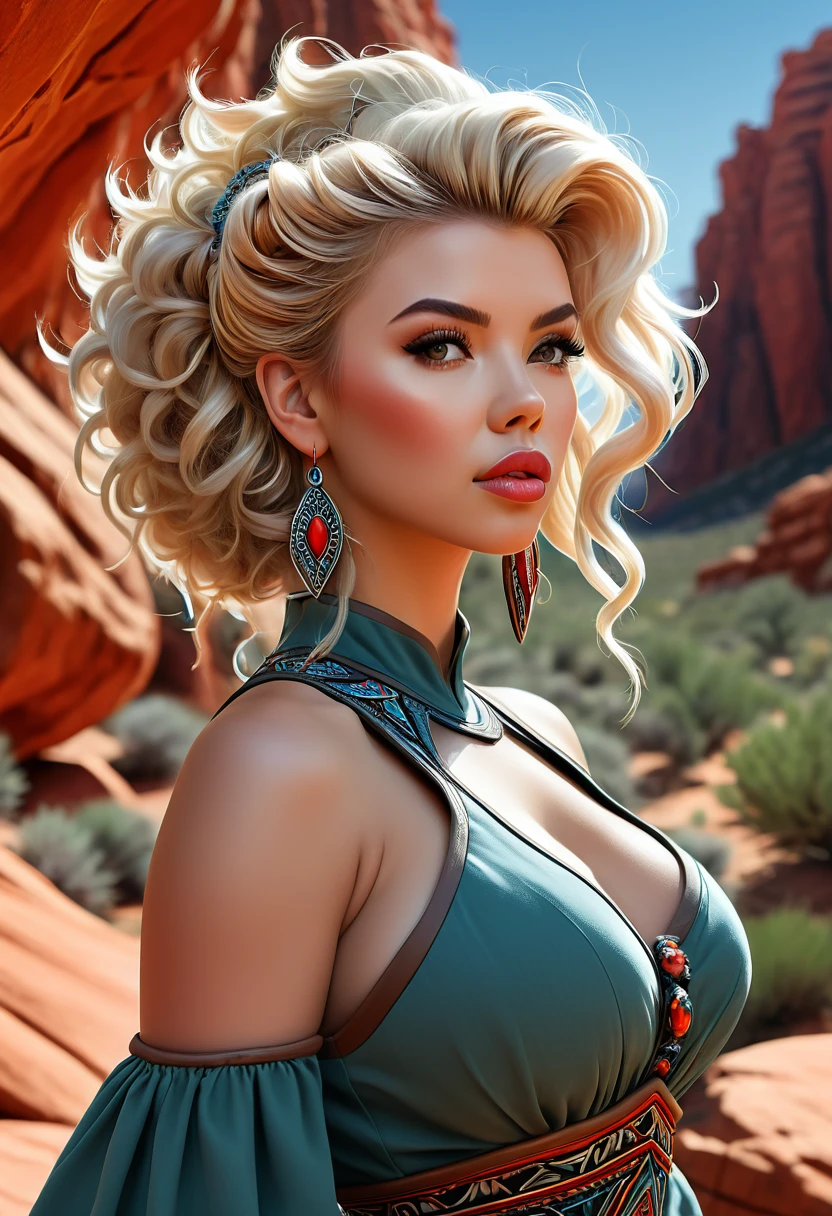 Thirst trap photo of a beautiful gnome women. Southwestern vibe and dress. Southwestern earrings, and jewelry. Her blonde hair is coarse, wiry, tightly curled, and densely packed, with a rough texture prone to frizz and tangling. official art is an award-winning digital masterpiece in 4K Ultra HD, featuring extreme detail and intricate realism. It combines the artistry of Wlop and Artgerm in a stunning 2D vector illustration. She has huge firm, perky, v symmetrical, and spherical breasts. The background showcases a beautiful panoramic vista of a red rock canyon.
