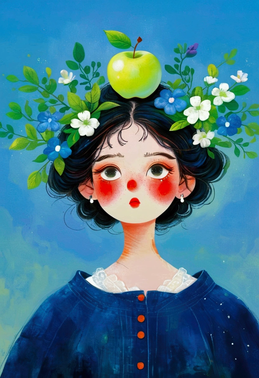 A painting shows a woman with a blue apple on her head, Look up。Jin Nong&#39;s Surrealism, Winner of the Behance competition, Pop surrealism, Color illustrations, A beautiful artistic illustration, Colorfull illustration, Pop surrealism art style, Digital illustration style, Fantasy illustrations, Illustration Art, Magical surrealism, Digital fantasy illustration, Pop surrealism lowbrow art style