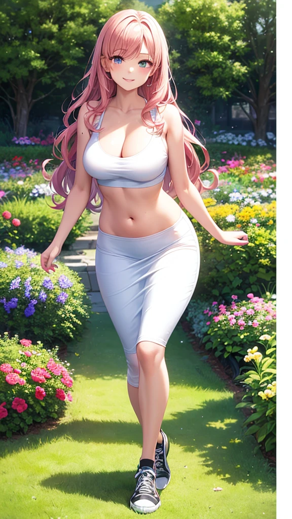 masterpiece, best quality, high detail, 1girl, beautiful woman with long wavy hair, pink hair, large bust, breasts, white sports bra, black midi pencil skirt, long skirt:1.25, sneakers, collarbone, midriff, belly button, summer, garden, full body, looking at viewer, smile, walking, happy