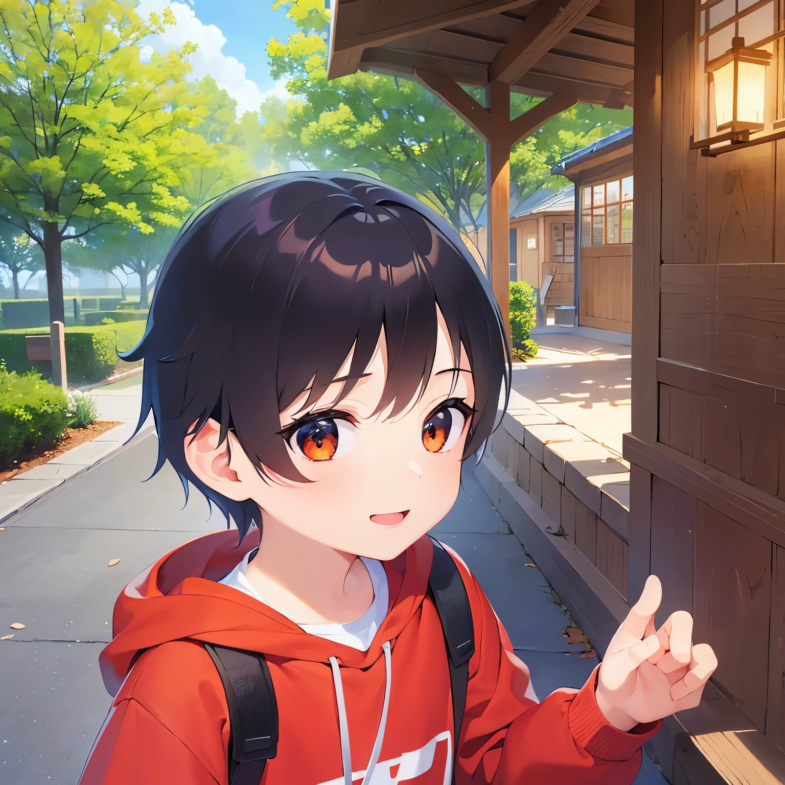 Side shot、
、masterpiece、Highest quality、 (Short hair with brown bangs) and (Orange eyes) and (5 boy:1.5)、Boy,
(Black long sleeve shirt)、
smile, The background is a park、The upper body is shown、Alone、