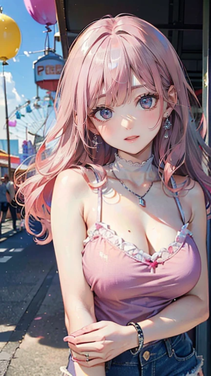 (Masterpiece, BestQuality:1.3), (ultra detailed:1.2), (hyperrealistic:1.3), (RAW photo:1.2), High detail RAW color photo, professional photograph, (Photorealistic:1.4), (realistic:1.4), (Pink Hair:1.5), professional lighting, perfect anatomy, (Big Breasts:1.2), (blush, detailed face), (cheerful Smile:1.5), Trending Hair&Trending Hairカラーをランダムに, earrings, necklace, bracelet, sexly, erotic sexly, Random sexy gravure poses, (An innocent beauty in a lavender camisole and denim shorts、Smiling happily while holding balloons at an amusement park、Silver bracelet、Posing in front of the Ferris wheel。:1.3)