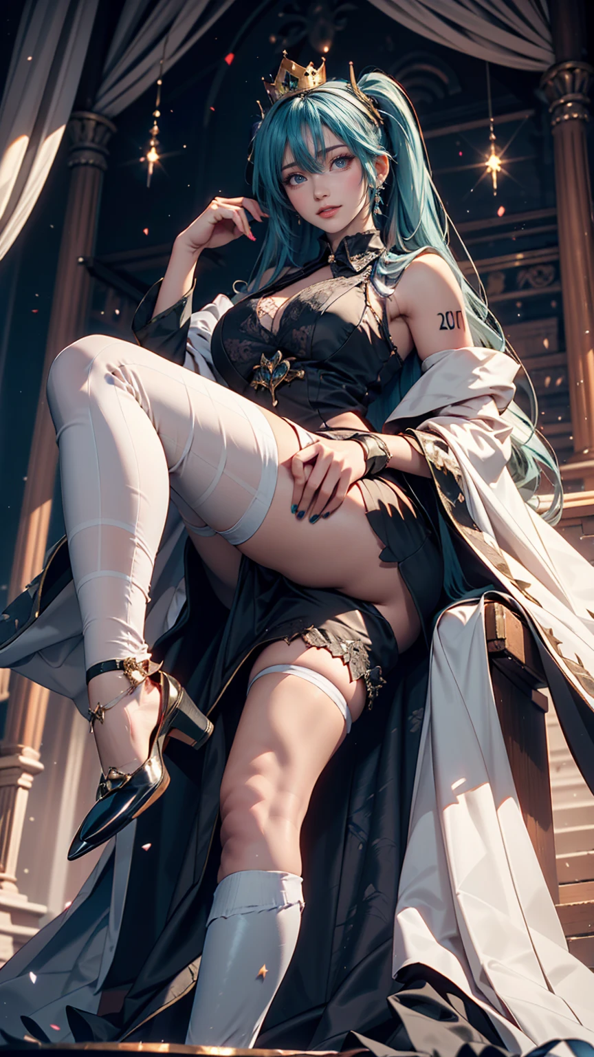 One girl, hatsune miku, Princess Costumes, Crown, Money, ((Throne)), Inside the castle, middle ages, Wearing a blue vest, Put one foot on the ground, The calf of the other leg is facing outward, hold the microphone with one hand, Put your other hand over your eye, White Background
