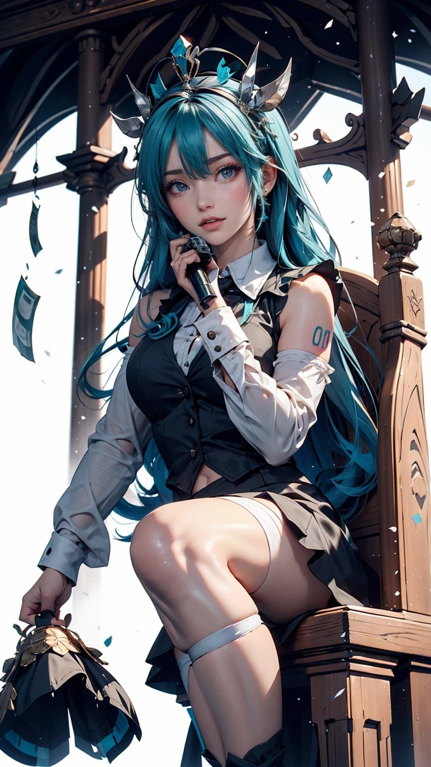 One girl, hatsune miku, Princess Costumes, Crown, Money, ((Throne)), Inside the castle, middle ages, Wearing a blue vest, Put one foot on the ground, The calf of the other leg is facing outward, hold the microphone with one hand, Put your other hand over your eye, White Background