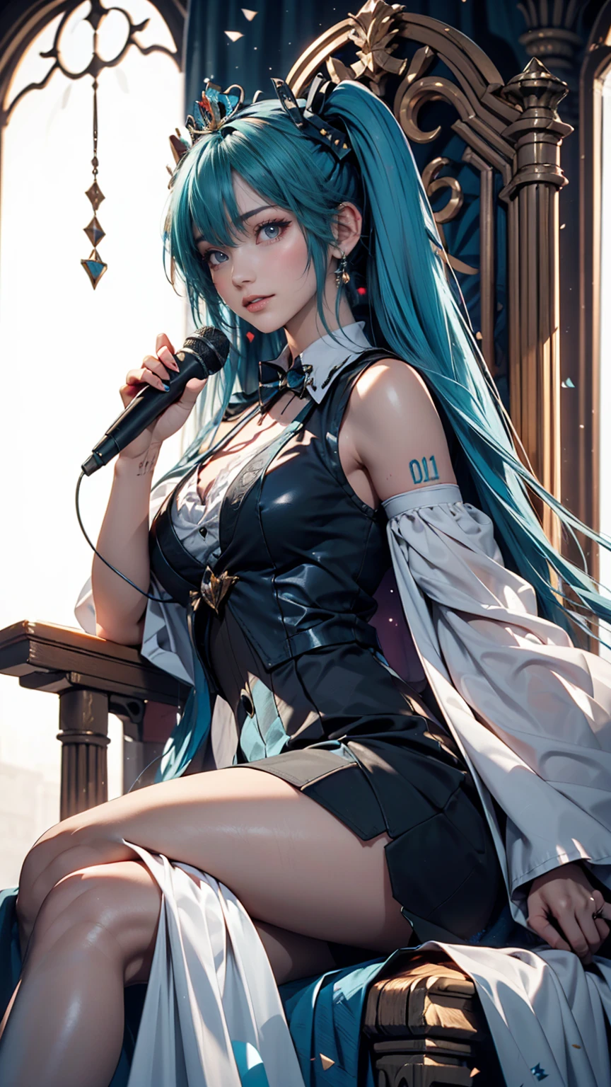 One girl, hatsune miku, Princess Costumes, Crown, Money, ((Throne)), Inside the castle, middle ages, Wearing a blue vest, Put one foot on the ground, The calf of the other leg is facing outward, hold the microphone with one hand, Put your other hand over your eye, White Background