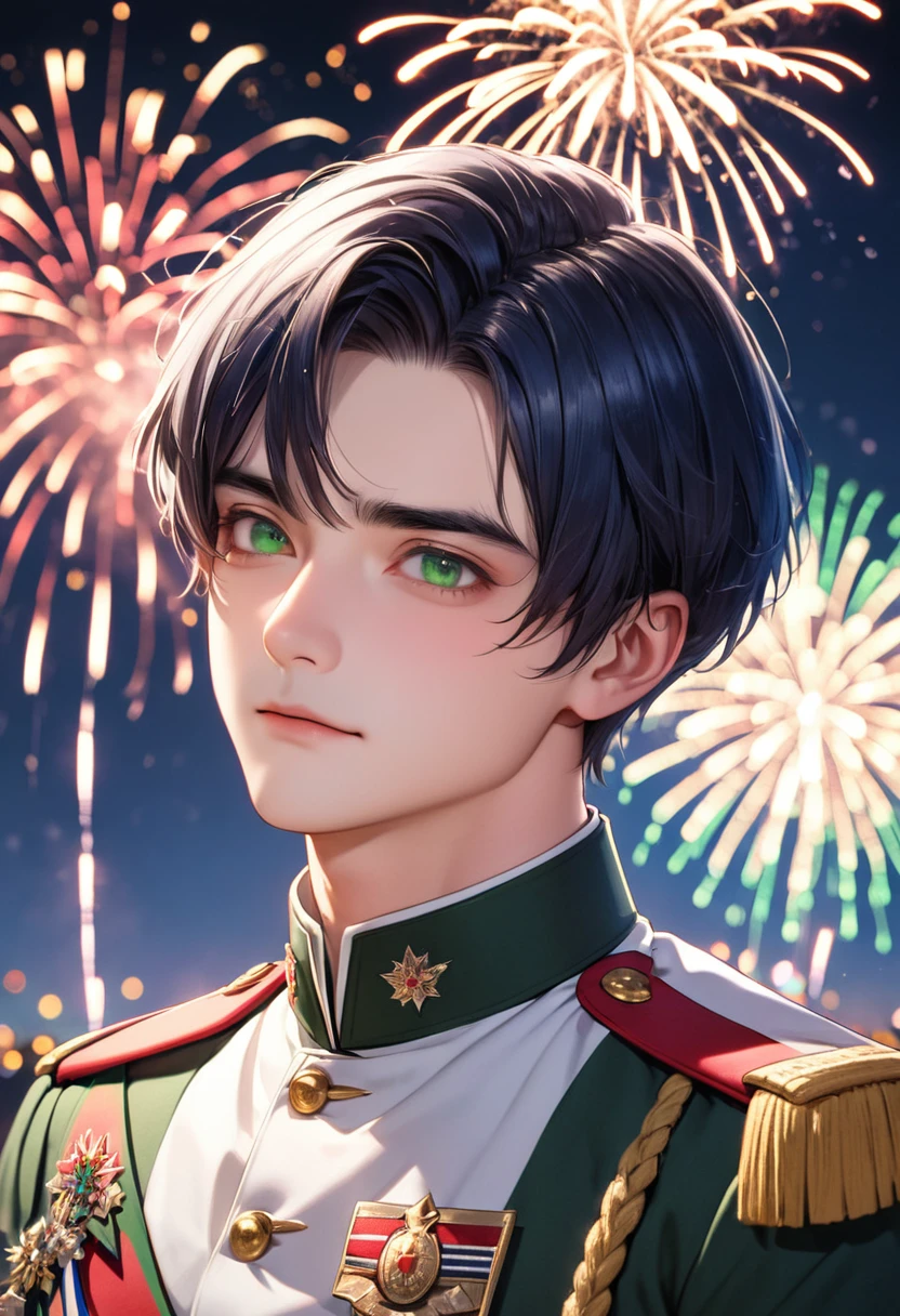 1 male Short dark blue hair and eyebrows Bangs that expose only half of the left forehead Deep green eyes White military uniform firework