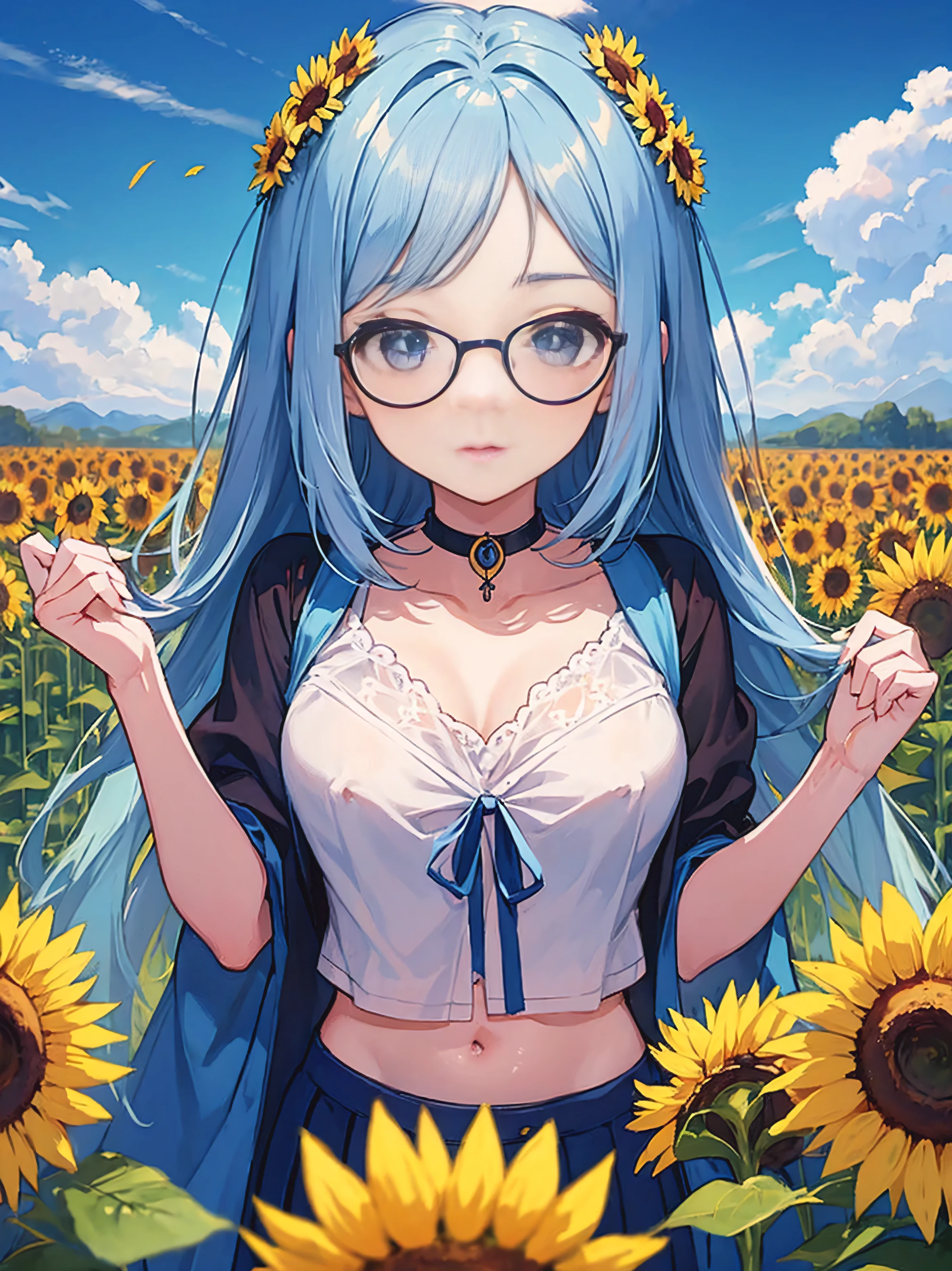 Create an anime-style illustration of a 1０--old l named Shizuka. She has long, straight, blue hair with bangs cut straight across her forehead. She has large, almond-shaped silver-blue eyes and porcelain-like white skin. Shizuka often wears glasses.(Highest quality:1.4), (super high quality), (Very detailed）Sunflower field、Pleated leeveless cropped top、Nipples are visible through the、High and small nose、Long Hair