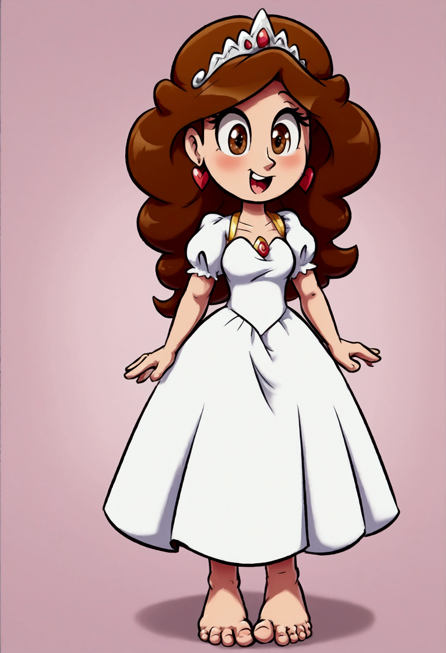 A_princess_with_big_feet (massive feet, giant toes, standing) hair_color (brown hair) (white dress) eye_color (brown eyes) silver_tiara ((teasing, cute, funny, adorable, masterpiece, high quality))