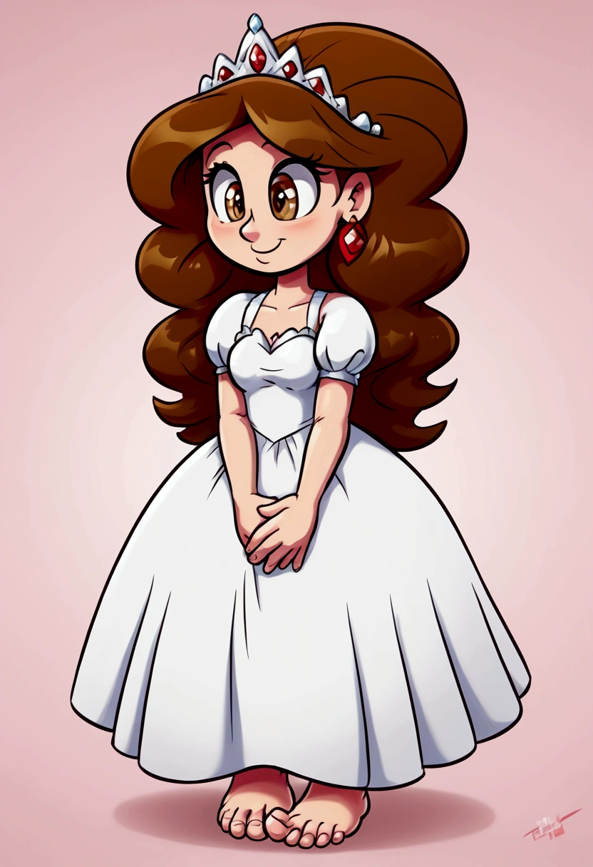 A_princess_with_big_feet (massive feet, giant toes, standing) hair_color (brown hair) (white dress) eye_color (brown eyes) silver_tiara ((teasing, cute, funny, adorable, masterpiece, high quality))