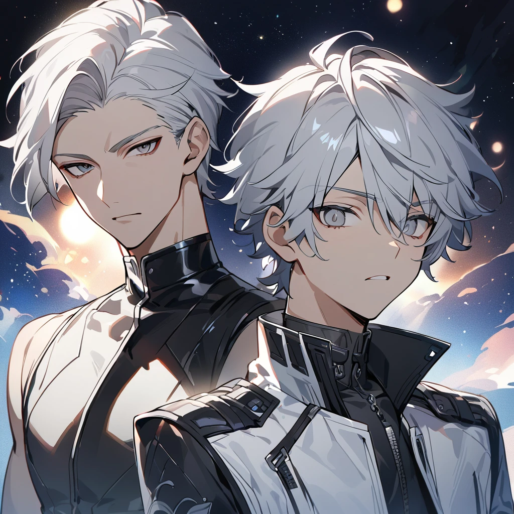 High quality, HD, 4k, no shadows, handsome male, 1male, 17 years old, teenager, short white hair, sharp eyes, grey colored eyes, deep grey eyes, grey eyes, devil may cry, close up, calm expression, stoic expression, black leather clothes, white leather clothing, lean body, well trained body, upper body, looking at viewer, cowboy shot, white solar, space background