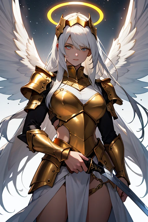 (best qualityer), (work of art), (ultra definition), Ultra detailed image with 2 girls battling with giant swords, a girl has long white hair and white armor and white angelic wings and golden halo on her head and white eyes and a giant golden sword in her hand, the other girl has long golden hair with golden armor and golden dragon wings and golden eyes and a giant black sword in her hand