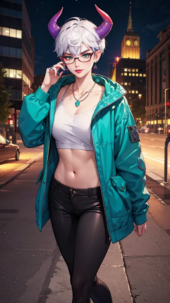 8k, masterpiece, best quality, highly detailed, 1 girl, tiefling, warlock, pixie cut, multicolored hair, very short straight hair green highlight hair on white hair, strippled hair, wearing glasses, round glasses, sexy, earrings, navel piercing, red eyeshadow, long eyelashes, blushed cheek, red lips, necklace, rings, collarbone, mole on face, glamorous, wearing large jacket, teal clothing, purple clothes, smirk, close up view, rings, looking at viewer, demon horns, solo, city, nighttime, standing, white shirt, sneakers, back toward viewer, looking over shoulder, short pants, black legging.