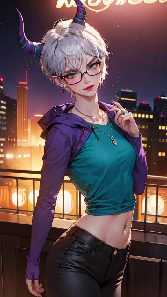 8k, masterpiece, best quality, highly detailed, 1 girl, tiefling, warlock, pixie cut, multicolored hair, very short straight hair green highlight hair on white hair, strippled hair, wearing glasses, round glasses, sexy, earrings, navel piercing, red eyeshadow, long eyelashes, blushed cheek, red lips, necklace, rings, collarbone, mole on face, glamorous, wearing large jacket, teal clothing, purple clothes, smirk, close up view, rings, looking at viewer, demon horns, solo, city, nighttime, standing, white shirt, sneakers, back toward viewer, looking over shoulder, short pants, black legging.