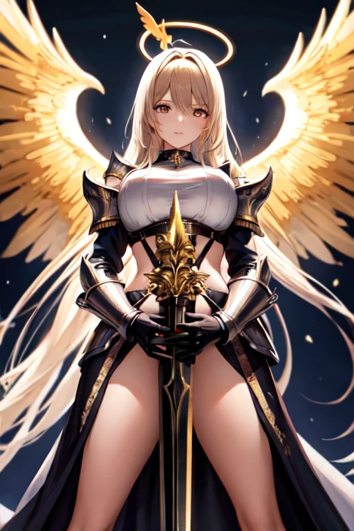 (best qualityer), (work of art), (ultra definition), Ultra detailed image with 2 girls battling with giant swords, a girl has long white hair and white armor and white angelic wings and golden halo on her head and white eyes and a giant golden sword in her hand, the other girl has long golden hair with golden armor and golden dragon wings and golden eyes and a giant black sword in her hand