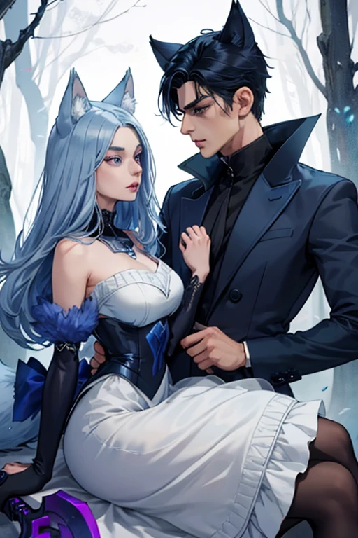 One man. One woman. Perfect face. Perfect hands. Perfect blue wolf ears. Perfect blue wolf tail. A handsome black haired man with blue wolf ears and a blue tail in a long coat is spinning his blue scythe with a young silver haired woman with violet eyes and silver cat eyes and silver cat ears with a violet scythe in the creepy forest