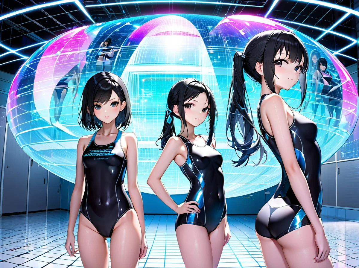 School swimsuit 3girls, cyber world, hologram, School swimsuit, cyber world, Hologram, SF, gleaming, black hair