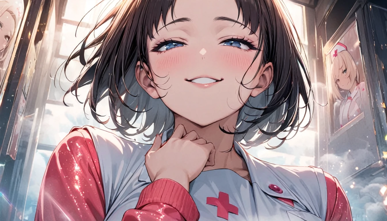 From below, Portraiture, Kind and beautiful nurse, Cool face, A shy smile, Superb proportions, She is wearing a loose cardigan over her nurse uniform., Glitter effect, fog effect、smug face、