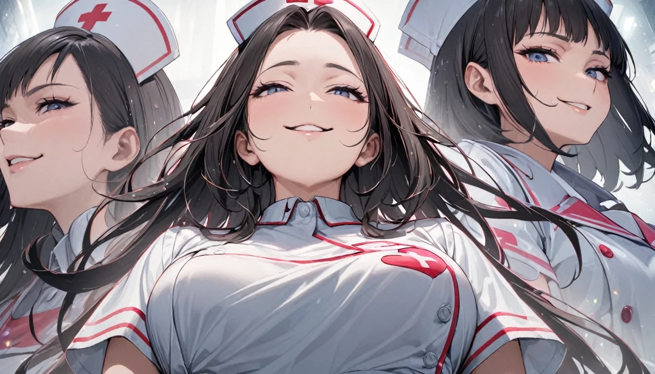 From below, Portraiture, Kind and beautiful nurse, Cool face, A shy smile, Superb proportions, She is wearing a loose cardigan over her nurse uniform., Glitter effect, fog effect、smug face、