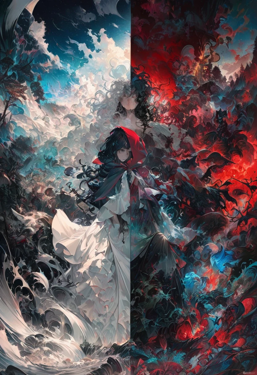 (Double exposure:1.3) effect of Little Red Riding Hood and the Wolf silhouette, superimposed against dark forest sky by Conrad Roset, Brandon Kidwell, Andreas Lie, Dan Mountford, Agnes Cecile, Jeremy Mann, oil and ink canvas, fine art, super dramatic light, photoillustration, amazing depth, hyperdetailed, iridescent red, redundant dreams, intricate detailed, amazing depth, stunning atmosphere, mesmerizing whimsical vibrant scenery, maximalism (Beautiful Outside, Ugly Inside, Stress and Pain, Beauty and Despair, Hard and Soft, Positive and Negative, Hot and Cold, Sweet and Sour, Vibrant and Dull, Perfect Harmony, Light and Dark, Hot and Cold, Old and Young, Fire and Ice, Yin and Yang, Opposites, Black and white, Hot and Cold, Organic and Mechanical, Corresponding colors, Loud and Quiet, Chaos and Peace, Night and Day:1.2) complex masterwork by head of prompt engineering