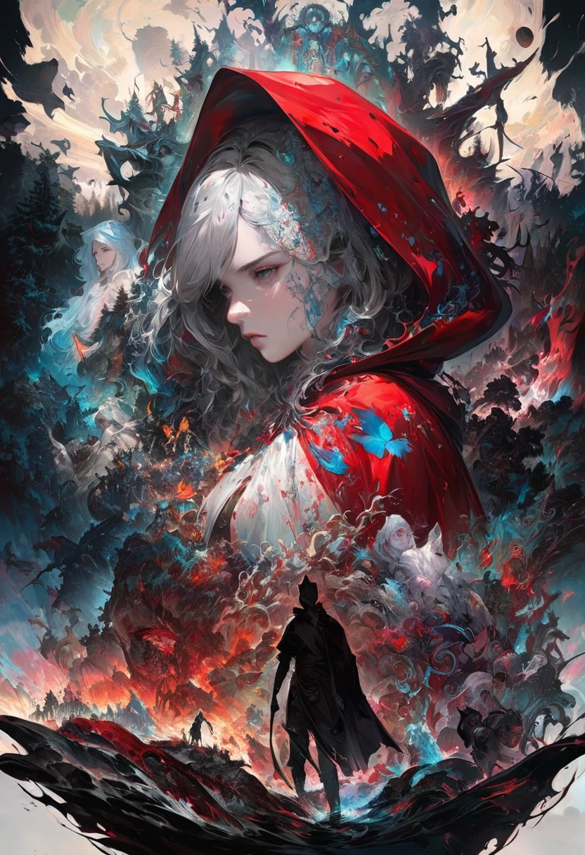 (Double exposure:1.3) effect of Little Red Riding Hood and the Wolf silhouette, superimposed against dark forest sky by Conrad Roset, Brandon Kidwell, Andreas Lie, Dan Mountford, Agnes Cecile, Jeremy Mann, oil and ink canvas, fine art, super dramatic light, photoillustration, amazing depth, hyperdetailed, iridescent red, redundant dreams, intricate detailed, amazing depth, stunning atmosphere, mesmerizing whimsical vibrant scenery, maximalism (Beautiful Outside, Ugly Inside, Stress and Pain, Beauty and Despair, Hard and Soft, Positive and Negative, Hot and Cold, Sweet and Sour, Vibrant and Dull, Perfect Harmony, Light and Dark, Hot and Cold, Old and Young, Fire and Ice, Yin and Yang, Opposites, Black and white, Hot and Cold, Organic and Mechanical, Corresponding colors, Loud and Quiet, Chaos and Peace,  Night and Day:1.2) complex masterwork by head of prompt engineering 