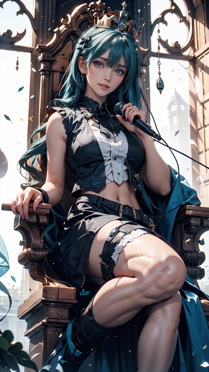 One girl, hatsune miku, Princess Costumes, Crown, Money, ((Throne)), Inside the castle, middle ages, Wearing a blue vest, Put one foot on the ground, The calf of the other leg is facing outward, hold the microphone with one hand, Put your other hand over your eye, White Background
