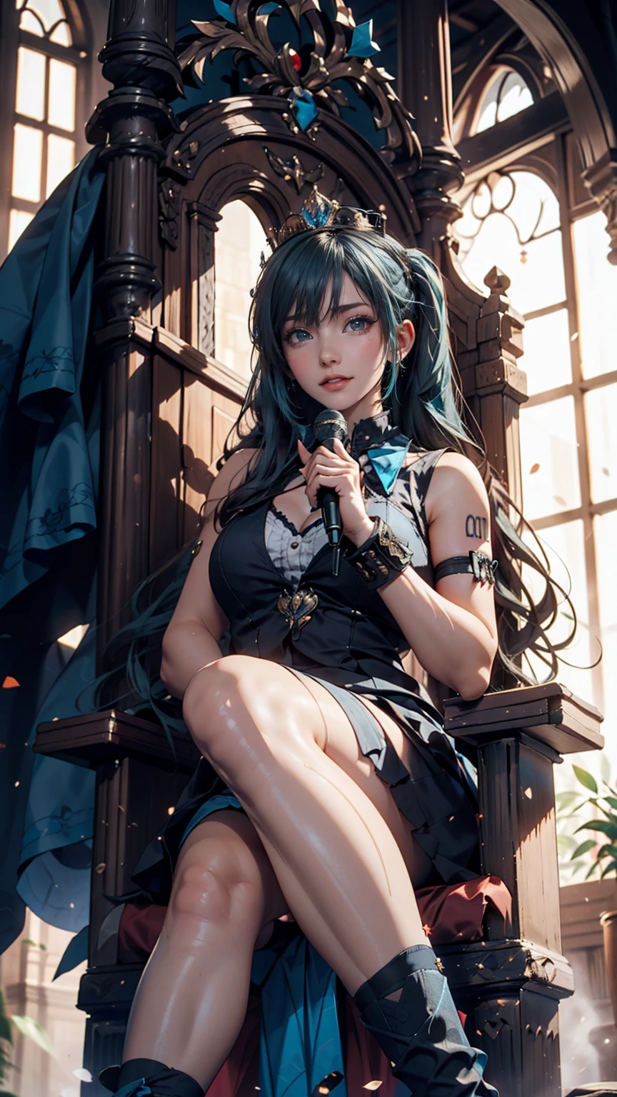 One girl, hatsune miku, Princess Costumes, Crown, Money, ((Throne)), Inside the castle, middle ages, Wearing a blue vest, Put one foot on the ground, The calf of the other leg is facing outward, hold the microphone with one hand, Put your other hand over your eye, White Background