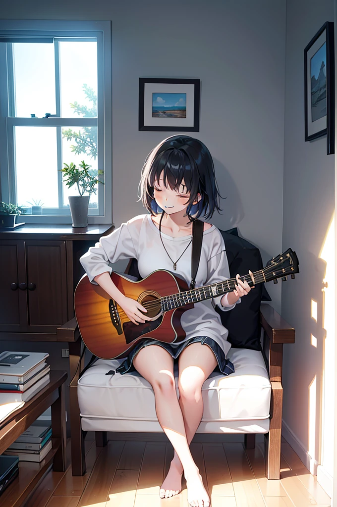 1 girl, sitting down with an acoustic guitar, background, inside of a house sitting, behind a window that showing LA with palm trees, she is facing towards you, looking towards you, with a big smile, full body, sitting on a chair, window in the middle of the wall, (her body is facing toward you,) eyes close, smiling, her head looking down at her guitar,