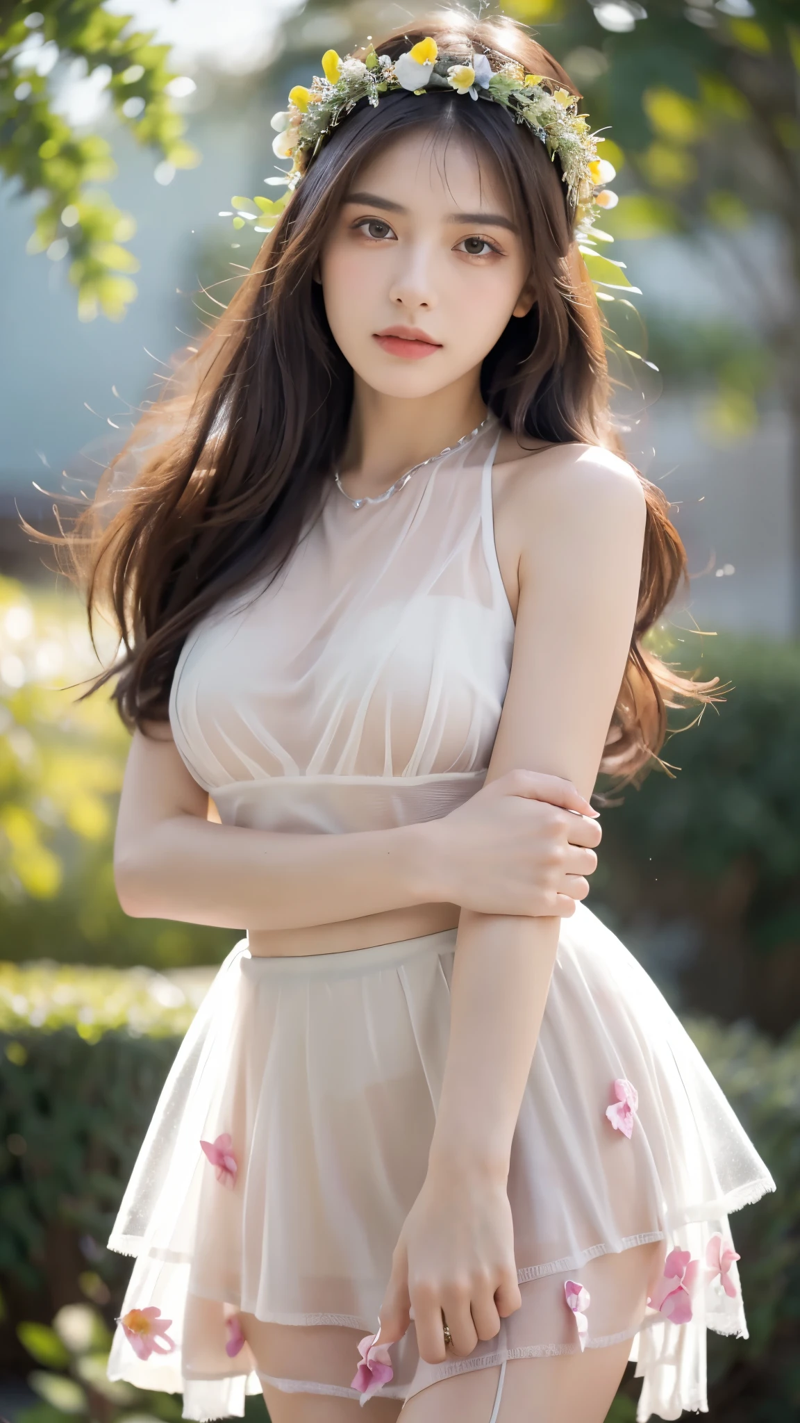 (Best Quality, masutepiece, Ultra HD: 1.3), 1girl in, （middlebreasts）, light brown hair, Asymmetrical hair, straight haired, Long hair,（ slender body shape, Constricted waist）,（Ultra Fine Face）, Delicate lips, （Beautiful eyes）, thin blush, eyes are brown, perfect glossy skin,View here, （ hide one's hands）, See-through white blouse, White see-through tight skirt.（Slender legs）,pumps,  (a japanese girl,hposing Gravure Idol),Broad-leaved forest