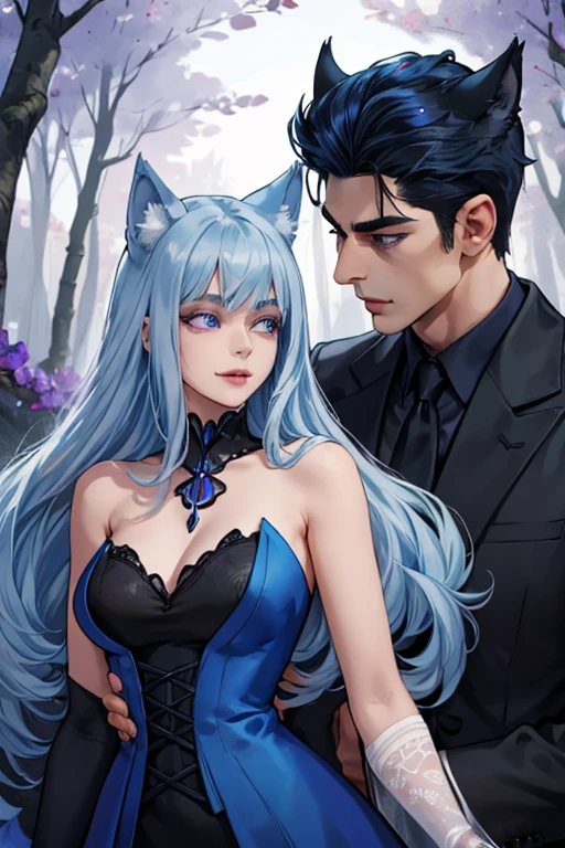 One man. One woman. Perfect face. Perfect hands. Perfect blue wolf ears. Perfect blue wolf tail. A handsome black haired man with blue wolf ears and a blue tail in a long coat is spinning his blue scythe with a young silver haired woman with violet eyes and silver cat eyes and silver cat ears with a violet scythe in the creepy forest with big smiles
