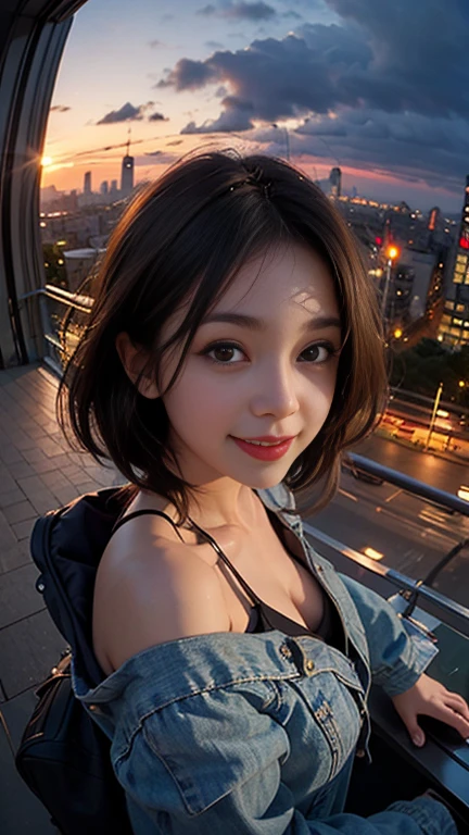 One girl, Korean, Fisheye Lens, Selfie, Wind, Messy Hair, sunset, Cityscape, (Aesthetics and atmosphere:1.2),smile