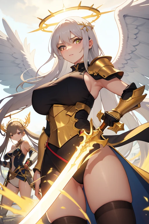 (best qualityer), (work of art), (ultra definition), Ultra detailed image with 2 girls battling with giant swords, a girl has long white hair and white armor and white angelic wings and golden halo on her head and white eyes and a giant golden sword in her hand, the other girl has long golden hair with golden armor and golden dragon wings and golden eyes and a giant black sword in her hand 