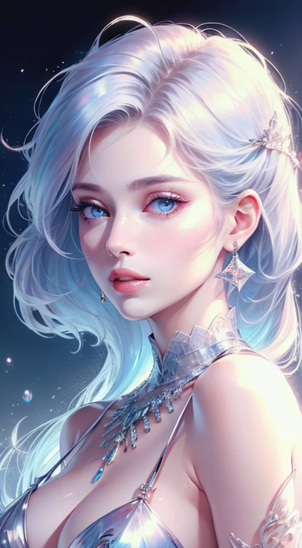 (Masterpiece, Top Quality, Best Quality, Official Art: 1.2), (1 woman), Full portrait of the most beautiful, sexy ethereal woman with snow-white hair, pastel highlights, framing a face of extreme detail and elegance. Frosty blue eyes are adorned with blue eyeshadow, complementing the blue jewels on her forehead. Long lashes and double eyelids are accentuated with dark purple mascara. Rosy cheeks add a touch of warmth to her ethereal beauty, and her glossy skin shines in the cinematic light, highlighting each and every realistic pore and wrinkle. Full sexy lips, painted with purple lipstick, complement