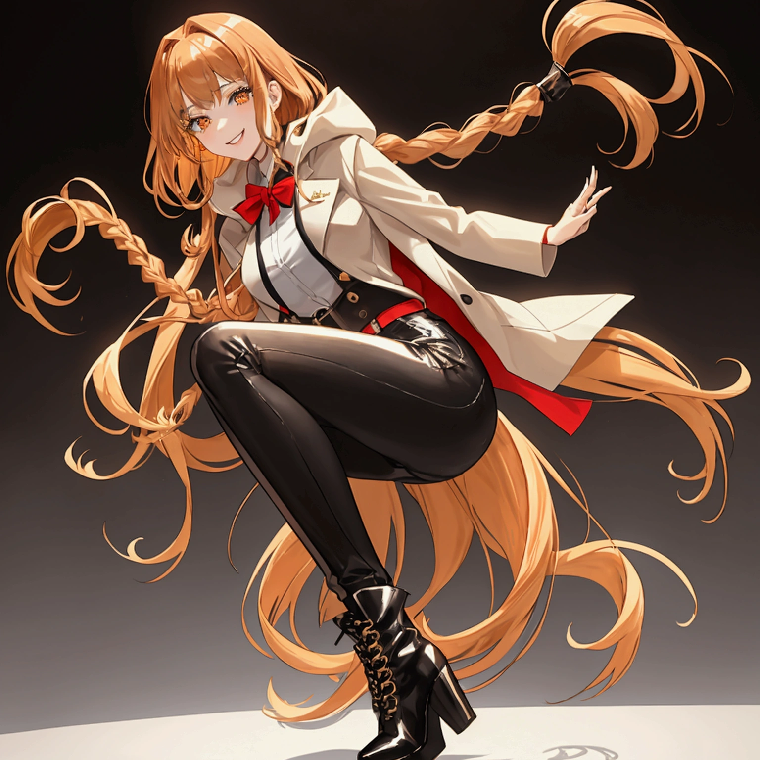 16 year old girl, gold eyes, long auburn hair tied in a braid with blonde strands in her bangs, slender body, wearing a red office shirt, tight black pants, black heeled ankle boots, beige coat with a hood and a flirtatious smile