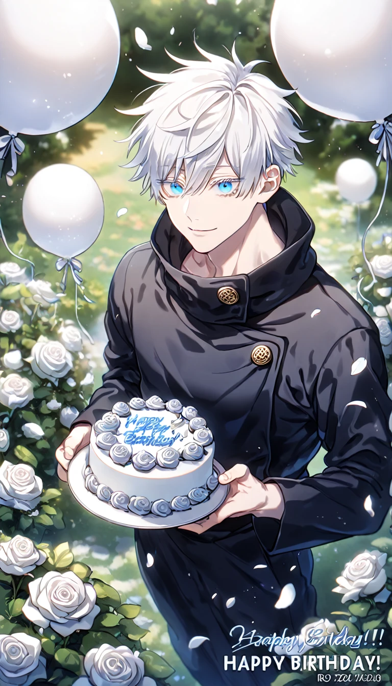 Ultra detailed, Highres, absurdres, HDR, master piece, best quality, Gojou Satoru, white hair with bangs, white eyelashes, expressive blue eyes, black clothes, Jujutsu Kaisen, sexy man holding a cake, happy birthday, white petals, white roses, garden, handsome, sensual, fantasy, magical, white balloons