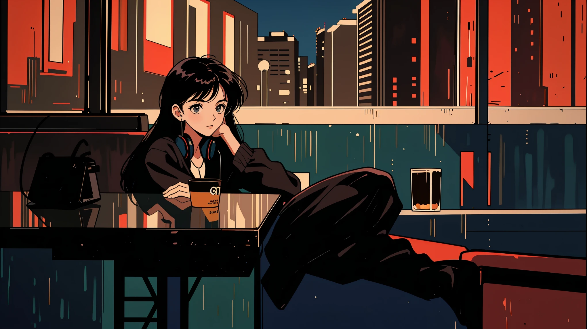 Highest quality, 8k, 1990s style,Hairstyles of the 2010s, 21 year old girl, Black Hair, Long Hair, Light brown eyes, City Pop, pants ,Night view, Wear headphones, whole body,  Relax Coffee,table,making,look at me, 
