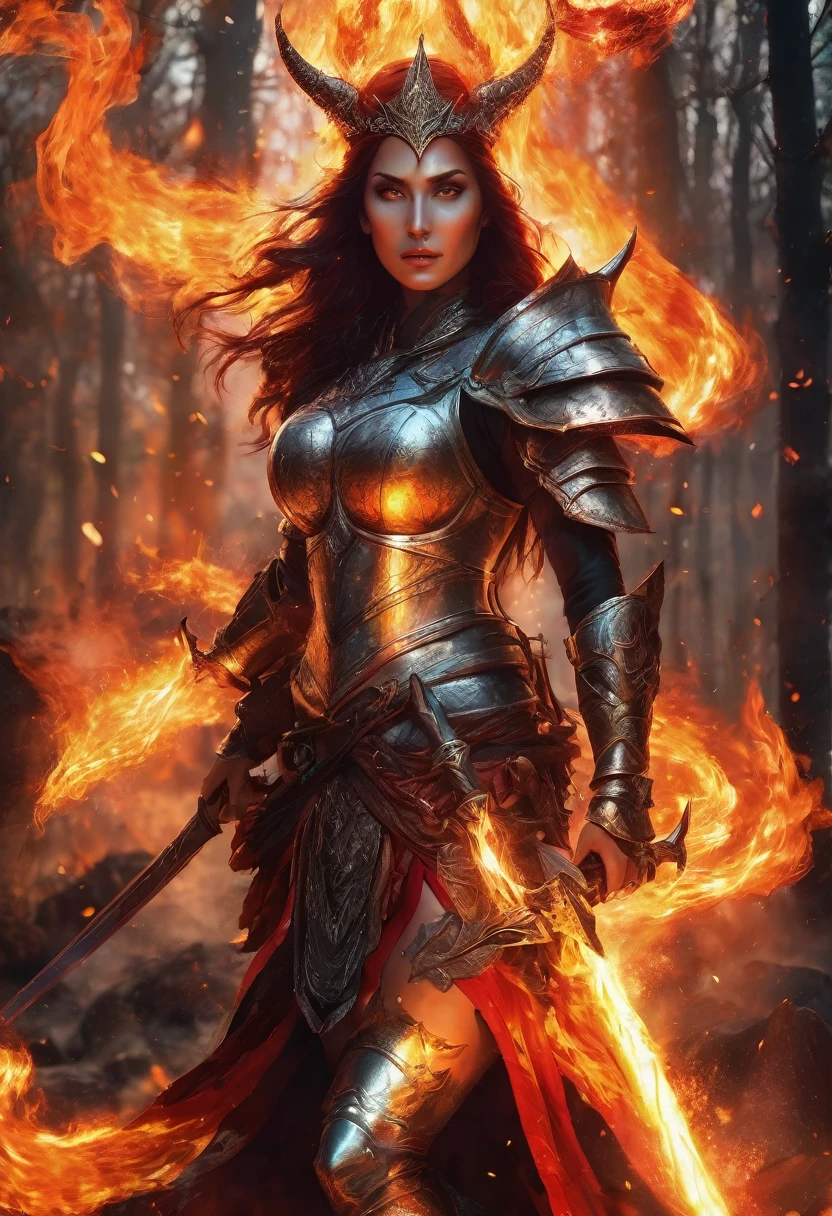 a woman in armor with a sword and fire in her hand, she has fire powers, a very beautiful berserker woman, appears as the goddess of fire., fire wizard, fantasy woman, evil fire sorceress in the forest, The flames surround her, diablo 4 queen, epic fantasy art style, the queen of fire, diablo 4 Lilith, Goddess of hot fire