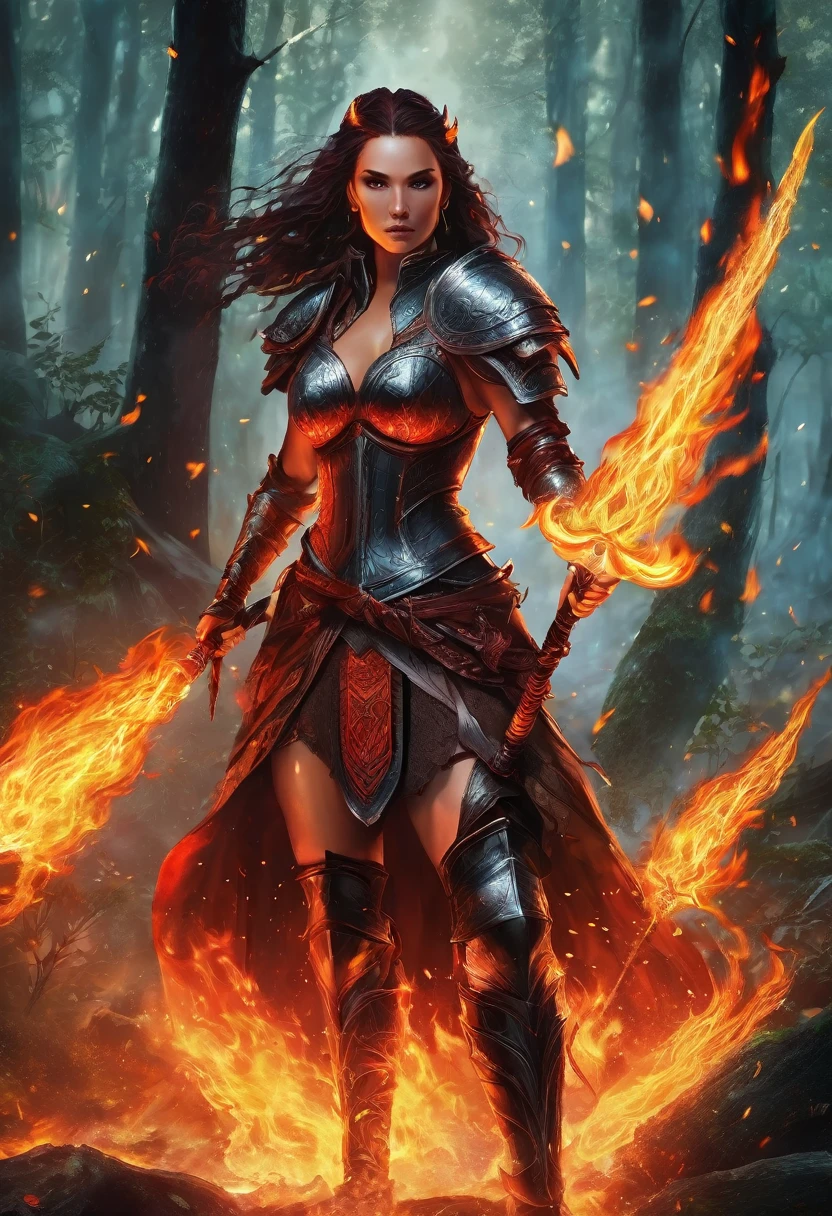 a woman in armor with a sword and fire in her hand, she has fire powers, a very beautiful berserker woman, appears as the goddess of fire., fire wizard, fantasy woman, evil fire sorceress in the forest, The flames surround her, diablo 4 queen, epic fantasy art style, the queen of fire, diablo 4 Lilith, Goddess of hot fire