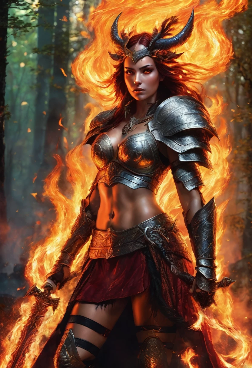 a woman in armor with a sword and fire in her hand, she has fire powers, a very beautiful berserker woman, appears as the goddess of fire., fire wizard, fantasy woman, evil fire sorceress in the forest, The flames surround her, diablo 4 queen, epic fantasy art style, the queen of fire, diablo 4 Lilith, Goddess of hot fire