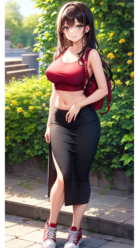 masterpiece, best quality, 1girl, beautiful woman with long wavy hair, dark brown hair, large bust, casual red tank top crop top, black midi pencil skirt, long skirt:1.25, sneakers, red visor, backpack, collarbone, midriff, belly button, summer, garden, full body, looking at viewer, smile, happy,