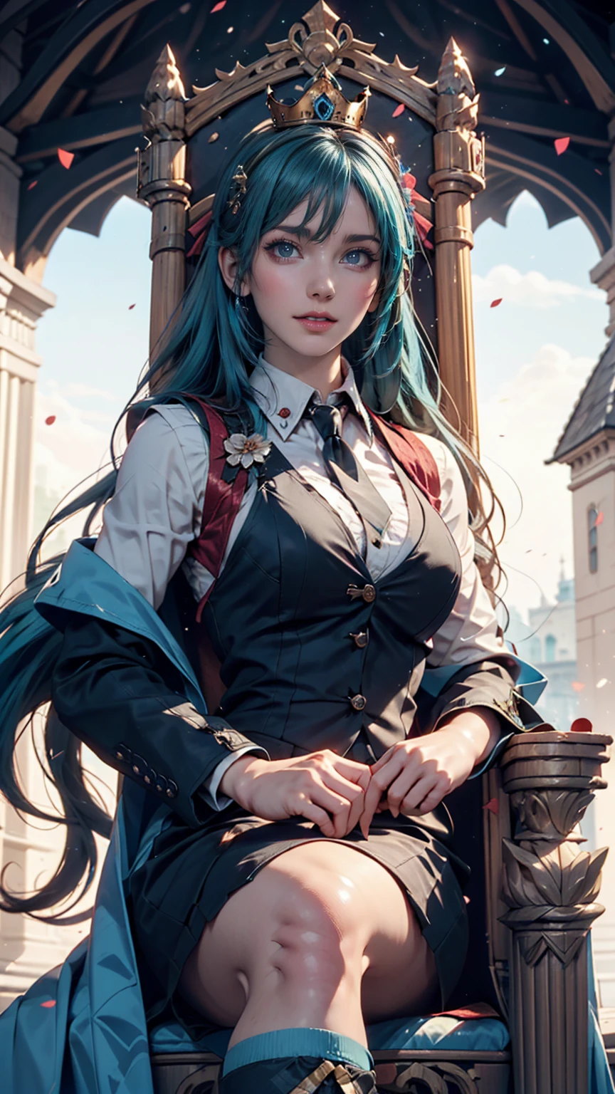 One girl, hatsune miku, Princess Costumes, Crown, Money, ((Throne)), Inside the castle, middle ages, Wearing a blue vest, Put one foot on the ground, The calf of the other leg is facing outward, hold the microphone with one hand, Put your other hand over your eye, White Background