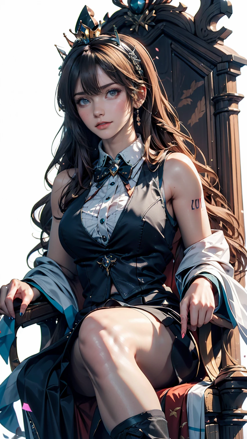 One girl, hatsune miku, Princess Costumes, Crown, Money, ((Throne)), Inside the castle, middle ages, Wearing a blue vest, Put one foot on the ground, The calf of the other leg is facing outward, hold the microphone with one hand, Put your other hand over your eye, White Background