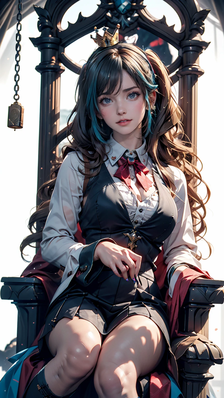 One girl, hatsune miku, Princess Costumes, Crown, Money, ((Throne)), Inside the castle, middle ages, Wearing a blue vest, Put one foot on the ground, The calf of the other leg is facing outward, hold the microphone with one hand, Put your other hand over your eye, White Background