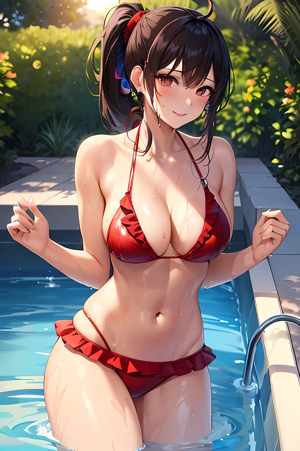 (masterpiece),best quality,extremely detailed,UHD,(Wet,pretty girl:1.4), (enjoy smile),(Metallic red frill bikini), perfectly proportions,(medium large breasts),(Long ponytail hair:1.8),(sexy slender:1.4),(musculature:1.2),(pool),(sun light:1.4),