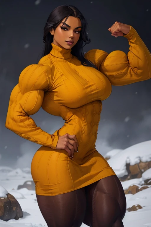 (Close-up), tall, (black hair), beautiful muscular woman, long straight hair, light brown skinned, closed smile, (black lipstick), (massive muscles), (hyper muscle), (ginormous bulky muscles), orange eyes, (((beautiful yellow long sleeve turtleneck sweater dress))), ((pantyhose)), brown boots, choker, snow field 